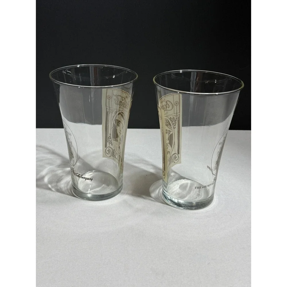Coca-Cola Archives 16oz Flair‎ Glass Set of 2 Turn of the Century Design Sepia